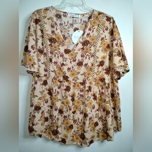 Rusttydustty (Size 3XL) Multicolored Floral V-Neck Flouncy SS Blouse (NEW-NWT)
